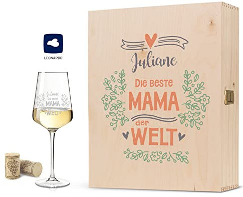 GRAVURZEILE Leonardo Puccini Copa de vino, diseño de la mejor mamá del mundo, personalizable con nombre personalizado, incluye caja de madera impresa, regalo para el Día de la Madre, cumpleaños y