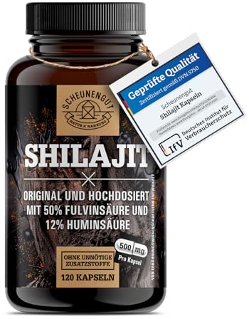 Shilajit Original Kapseln -WICHTIG: 10000mg Hochdosiert als 10:1 Extrakt pro Dosis I Reines Himalaya Mumijo Shilajit I 50% Fulvinsäure +12% Huminsäure -Laborgeprüft- SCHEUNENGUT®