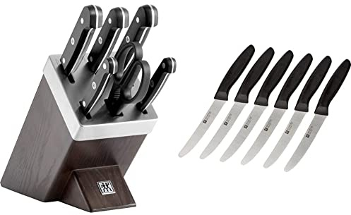 ZWILLING Selbstschärfender Messerblock, 7-tlg., Gourmet & 1002672 Messer-Set, 6-tlg., Küchenmesser, Klingenlänge: 12 cm, Rostfreier Spezialstahl/Kunststoff-Griff, Twin Grip, Schwarz