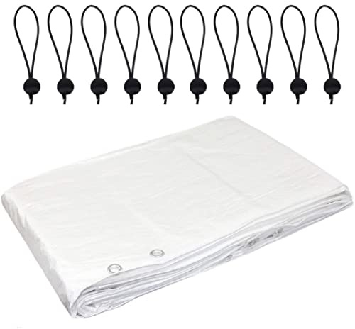 5 x 5 m Tarpaulin Waterproof Heavy Duty Cover Camping Ground Sheet Caravan Furniture Multipurpose + 10 Bungee Balls (White – 90 GSM)