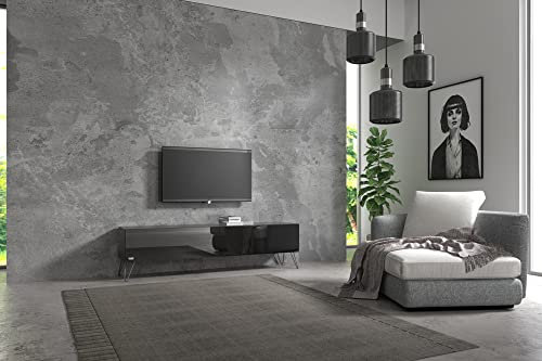 Wuun® TV-Board Lowboard Wohnwand TV-Bank Somero / 180cm / Schwarz-Matt & Schwarz-Hochglanz/Haarnadel Chrom