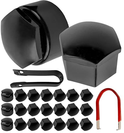 Radschrauben- und Muttern Kappen Set, 26-teilig, für 17 mm Sechskant Schrauben und Muttern, min. Ø 24 mm Felgen Schraubenloch, Set mit Felgenschloss Kappen, Caps in Schwarz-glänzend, 2 x Werkzeug