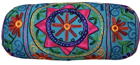 Original Kikan Bolster Cotton Boho Cushion Cover 18 x 7 inch 46 x 18 cms Round Cylinder Takiya For Yoga Meditation, Embroidered, Back Neck Maternity Support Pillow Case Vegan (covers only)