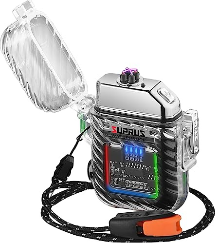 SUPRUS Luminous 3 Modes of Flashlight Windproof Waterproof Electric Lighters Rechargeable Dual Arc Plasma Lighter with Survival Emergency Whistle and Lanyard