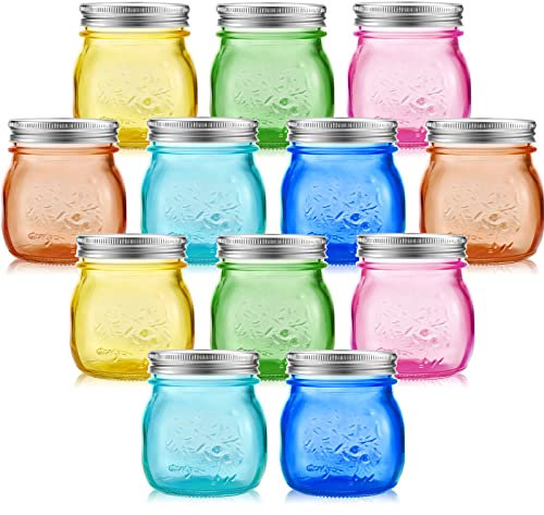 Tessco 12 Pcs 8 oz Colored Mason Jars with Lids Glass Regular Mouth Canning Jar Pint Mason Multifunction Glass Container for Storage, Pickling, Preserving, DIY Crafts, Decor Can Not Allowed Dishwasher