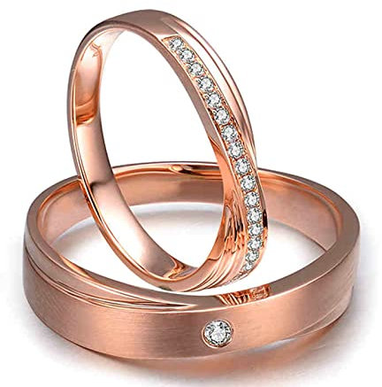 AMDXD Rotgold Au750 Ringe Diamant 0.12ct, Preis für 2 Diamantring Kreuz Design Pärchen Ringe Partnerringe Eheringe, Damen 53 & Herren 54, Echtschmuck