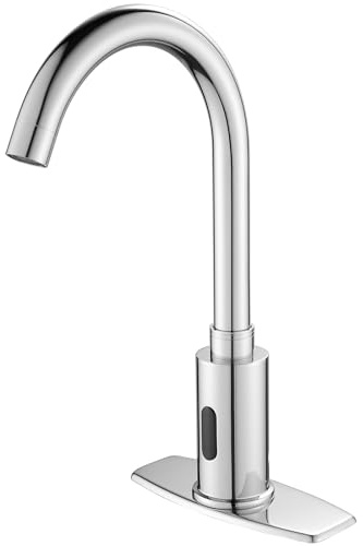Automatic Touchless Bathroom Sink Faucet Motion Sensor Commercial Kitchen Hands Free Faucet with Hole Cover Plate,AC/DC Powered, Public Sink Faucet,Chrome (Chrome High)