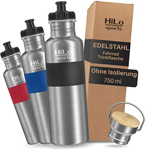HiLo sports Trinkflasche Fahrrad Edelstahl 750ml - [Ohne Isolierung] - Mit 2 Verschlüssen - Auslaufsichere Fahrrad Trinkflasche - Fahrradflasche geschmacksneutral (Schwarz)