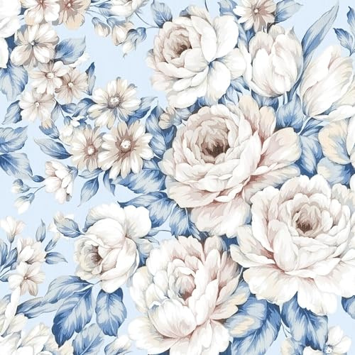 FunStick Tapete Selbstklebend Blumen Blau Blumentapete Rosa Selbstklebend Wandtapete Schlafzimmer Wasserfest Klebefolie Möbel Blau Muster Küchenrückwand Folie Möbelfolie Blumen Vintage 44.5CM×3M