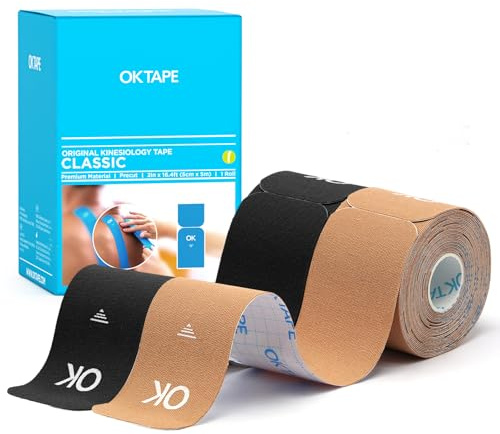 OK TAPE Kinesiologie Tape Pre-cut, 25 cm lang und 5 cm breit, 40 Strips, Physio Tape und Sport Tape for Injuries and Pain,Elastic and Skin-Friendly Muscle Tape (2 Rollen,Schwarz+Beige)