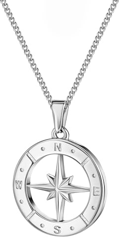 DJADEE Herren Anhänger mit Kette Stern Kompass silber 750er Weißgold vergoldet Star Compass Halskette Panzerkette 18 Karat gestempelt (50 cm)