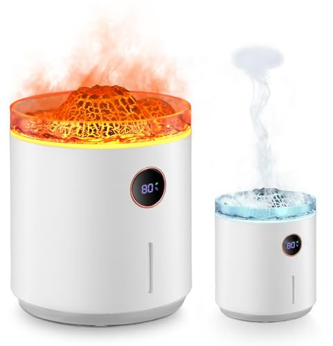 LIFEJXWEN 350ml Volcano Humidifier, Jellyfish Mist Flame Diffuser Essential Oil with 7 color LED lights, LCD Display, Waterless Auto Off, Mist Humidifiers for Office Bedroom