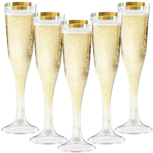 Bicchieri da spumante in plastica, 20 pezzi, da 150 ml, riutilizzabili con bordi dorati, in plastica, per matrimoni, feste, picnic, attività all'aperto, mimosa bar (trasparente)