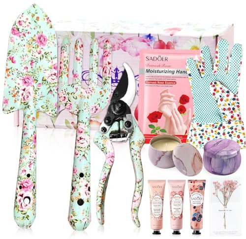 Garden Gifts For Women,10 Pcs Garden Tools Set Floral Print and Beautiful Gift Box,Candles Gloves,3Hand Cream, Birthday Mum Gifts for 50Th 60Th 70Th, Retirement, Christmas, Mothers Day