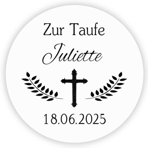 MameArt 50stk Zur Taufe Aufkleber Personalisiert, Kreuz und 4cm Stickers Taufe Kommunion Feste Einladung Geschenke Präsente (Weiß)