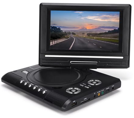 Reproductor de DVD HD Portátil con Pantalla Giratoria, Altavoces Estéreo Duales, TV Analógica, Puerto USB, Lector de Tarjetas, Batería de Larga Duración, Rotación de 270°,