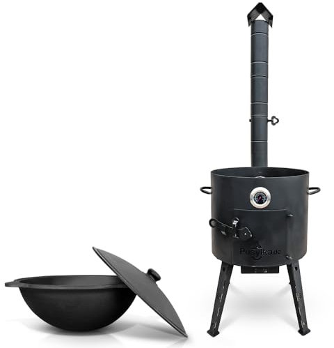 Utschak Feuerofen mit Thermometer Gusseisen Topf Kazan runder Boden mit Deckel (12 L) KazanoFF, Учаг, Outdoor, Feuerschale, Camping, Kasan, Gulaschkanone Dutch Oven (Set 1)