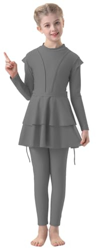 IMEKIS Kinder M�dchen Muslimische Bademode Langarm Burkini mit Hijab Volle Abdeckung Rash Guard Badeanzug 3tlg R�schen Tankini Set Sommer Badebekleidung Grau 9-10 Jahre