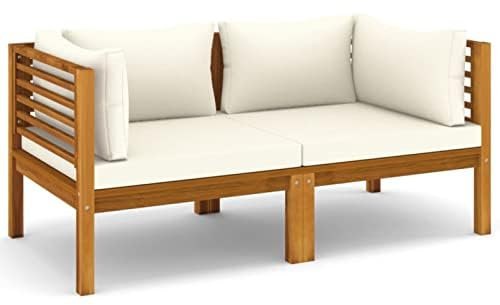 Tidyard 2-Sitzer-Gartensofa Holzsofa Outdoor-Sofa Terrassensofa Gartenbank Gartenmöbel Sitzbank Lounge Sofa für Balkon und Terrasse mit Creme Kissen Massivholz Akazie