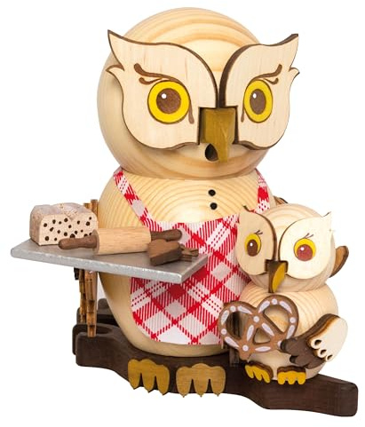 Drechslerei Kuhnert Rauchfigur/Räucherfigur - Eule Weihnachtsbäckerei mit Kind aus Massivholz - ca. 15 cm - Made in Germany