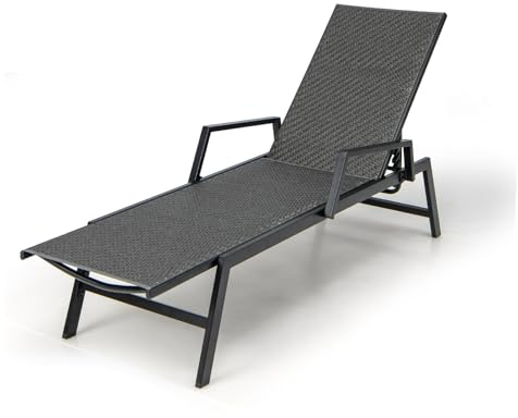 LIFEZEAL Transat Jardin Extérieur avec Dossier Inclinable en 5 Positions, Chaise Longue en Rotin PE avec Accoudoirs, Bain de Soleil pour Plage, Piscine, Terrasse, Balcon, Charge 150 kg (Noir)