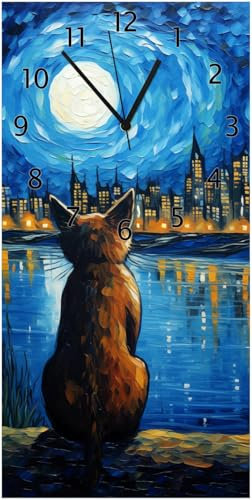 Wallario Design-Wanduhr Katze im Mondschein aus Glas, Motiv-Uhr Größe 30 x 60 cm, Schwarze Zeiger