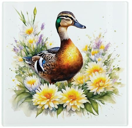 Grand plan de travail carré en verre avec motif floral canard – Oiseaux et fleurs Nature – Planche à découper lisse avec pieds antidérapants 30 cm x 30 cm