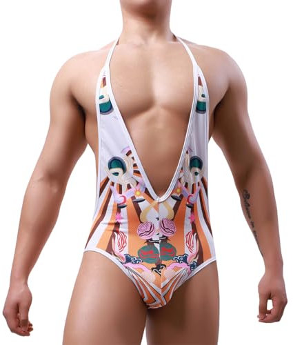 IUERVPS Herren Sexy Print Bodysuits Mann Mesh Jockstrap Bodywear Wrestling Singlet Turnanzug Jumpsuit Hosenträger Sexy Rückenfreie Teddy Unterwäsche(4,L)