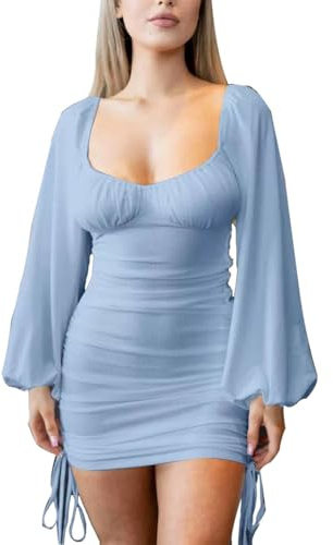 Robe Femme Moulante à Manches Longues Casual Mini Robe Sexy Elégant Robe Couleur Unie Rib Dress Cocktail Party Clubwear Automne et Hiver