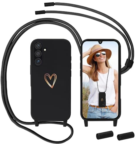 Handyband für Samsung Galaxy A16 5G/4G Hülle mit Band, MoEvn Necklace Handyhülle mit Kordel für zum Umhängen HerzMuster Silikon Case Stoßfeste Schutzhülle mit Abnehmbar Kette für Samsung A16, Schwarz