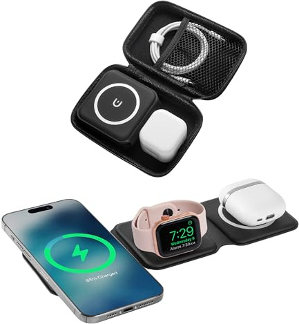 HH-Tech 3 in 1 Foldable Magnetic Wireless Charger for Apple, Fast Charging Station for iPhone 17/16/15/14/13/12, Apple Watch/Ultra/SE & AirPods, Portable Travel Stand with 20W Adapter and Carry Case
