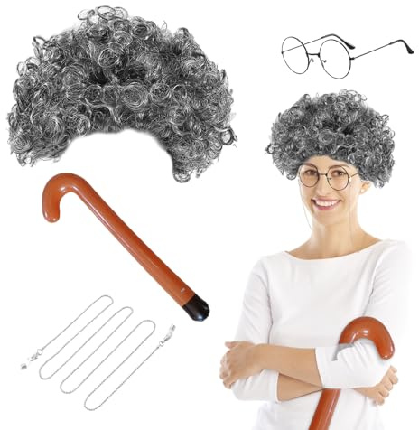 UILYNIU Perücke Grau Locken mit Brille Gehstock, Party Oma Perücke Damen, Großmutter Verkleidung für Cosplay Kostümzubehör Fasching Karneval Halloween Mottoparty(Grau)