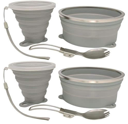 Cagelya Mess Kit for Camping Silicone Collapsible Bowl Collapsible Cup and Stainless Steel Spoon for Backpacking Outdoor Hiking Traveling and Picnic - 2 Pack