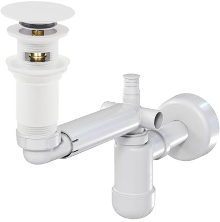 Drain Fitting for Washbasin with and without Overflow + Telescopic Siphon for Space-Saving Sink, Click-Clack Valve with Extra Large 68 mm Diameter, Pop-Up Drain Valve, White + Siphon