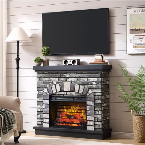 IFBUY Farmhouse Electric Fireplace with Mantel, 42 Fireplace TV Stand w/23'' Freestanding Electric Fireplace Heater,Remote Control, Adjustable 3D Realistic Flame Level for Living Room, Light Grey