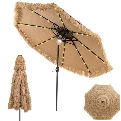 COSTWAY Sonnenschirm Hawaii 270 cm mit LED-Beleuchtung und Doppeldach | Gartenschirm Stroh, beidseitig um 30° knickbar, Strohschirm mit Kurbel, Strandschirm, Terrassenschirm für Garten, Terrasse