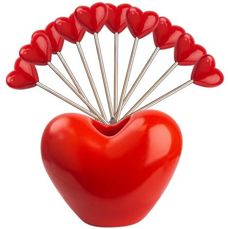 Palillos de frutas, bonitos tenedores de acero inoxidable con soporte, juego de 10, diseño en forma de corazón, 10 x 10 x 10 pulgadas, varillas de metal reutilizables para frutas, postres, cócteles