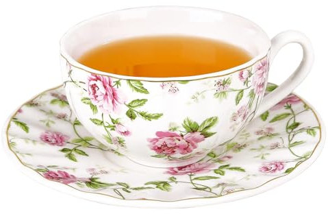 Integrity.1 Tazas y Platillos de Té Flor Rosa, 8oz Rosa Taza de Café de Porcelana Fina con Platillo, Juego de Taza y Plato de Flor de Porcelana de Regalo, para Mamá Amiga Fiesta de Té