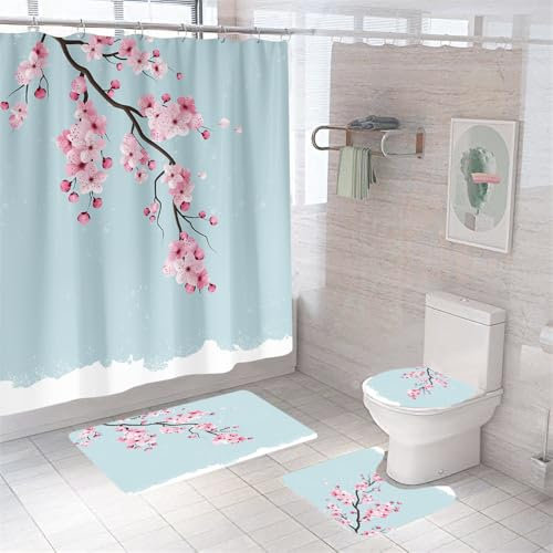 Badezimmerteppich Rosa Blumen Badteppich rutschfest Waschbar Badgarnitur 4 Teilig – Badematte Set Mit Wc-Vorleger Und Badematte,Teppich Badezimmer Für Sicherheit Und Komfort Im Bad 50×80Cm