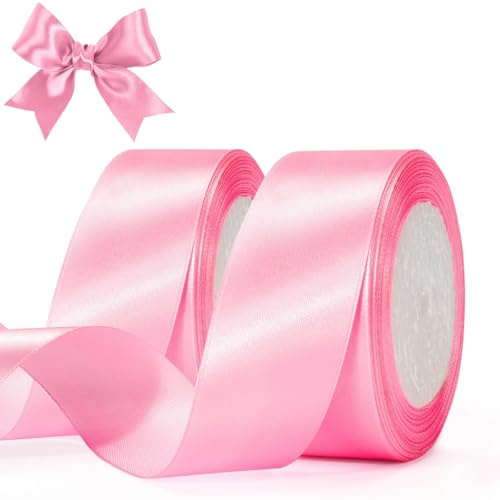 2 Rollen Schleifenband Rosa Breit, Geschenkband Breit Rosa 4 cm x 22 m, Rose Satinband 40mm Mattes, Weiches Pink Satin Ribbon Bow, Rose Satin Dekoband für Taufe Geburtstag Deko Geschenkverpackung