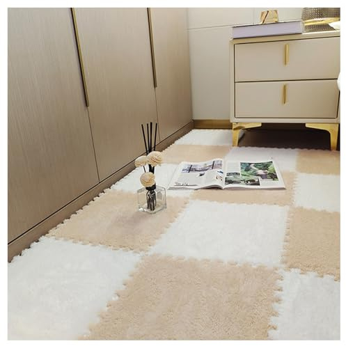 Milchsamt-Plüsch-Patchwork-Teppich, weiche ineinandergreifende Schaumstoff-Fußmatten, rutschfeste Teppichfliesen, 10 Stück (5 Kamel + 5 weiß), 30 x 30 x 1 cm, perfekt für Kinderspielzimmer und