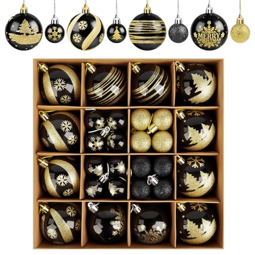 ilauke Lot de 44 boules de Noël en plastique noir et doré, 3 et 6 cm, pour sapin de Noël, fête, maison, mariage, décorations de Noël