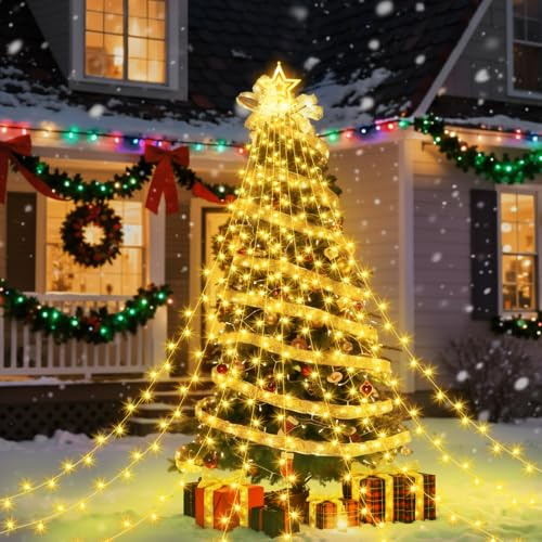 Koytoy Weihnachtsbeleuchtung Außen 350 LED 3,5M x 9 Christbaumbeleuchtung mit Sterne, 2 Weihnachtsbandlichterkette, Weihnachtsbaum Lichterkette für Rasen Garten (Warmes Weiß)