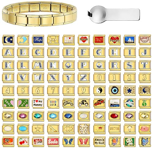 Lrioehny Pulsera Italiana con Dijes Dorados, 10 Dijes Personalizados, Joyería Artesanal con Herramienta, Correa Italiana Para Apple Watch, Eslabones Modulares De 9 mm