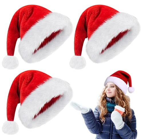 Smdbzda Weihnachtsmütze, 3 Stück Nikolausmütze, Weihnachtsmütze Erwachsene, Santa Hat, Rote Santa Mütze, Plüsch Weihnachtsmann Mütze, für Herren Damen, für Weihnachtsfeiern und Festlichkeiten