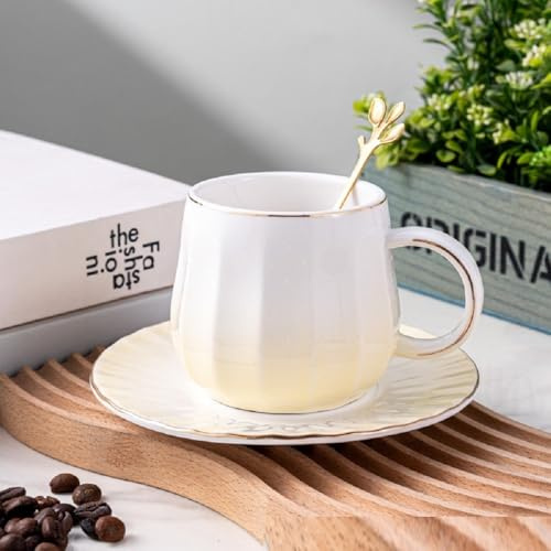 VollfitYYu Godrand Porzellan Espressotasse Set 220ml Kaffeetasse mit Untertasse und Löffel Farbverlauf Mokkatasse Kaffeeservice Moderne Cappuccino Tasse für Party Zuhause Büro Café (Hellgelb)