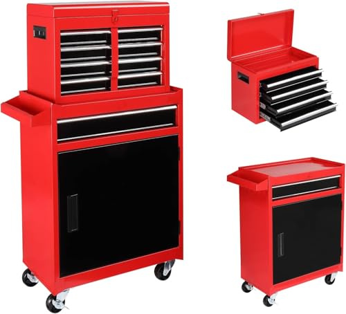 Karl home 5-Drawer Rolling Tool Chest, 2-in-1 Toolbox w/Detachable Top Cabinet, Lockable Wheels, Hooks, Mechanic Tool Organizer Box for Garage, Workshop, Warehouse & Repair Shop, Black & Red