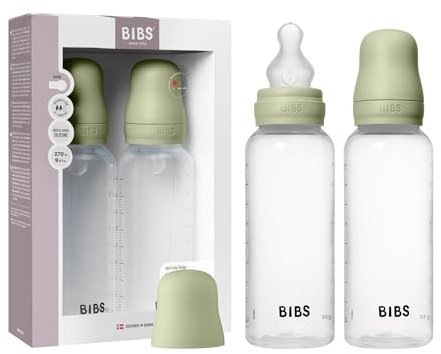 BIBS Nappflaska 270 ml Silikonsugdel 2-pack - Kolikmotverkande, BPA-fri, rund sugdel, lätt och enkel att rengöra, lämplig för nyfödda 0+ år - Sage