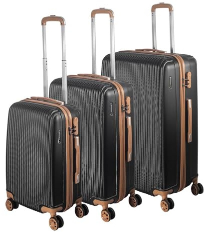 Laroqx Hartschalenkoffer Set 3 Teilig, Schwarz Mit Braunen Akzenten | Kratzresistente Premium Hartschale, 55 64 74 cm, 360-Grad-Doppelrollen, Integriertes Zahlenschloss, Teleskopgriff