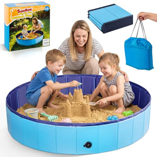 Foldable Sandbox for Kids, Large 48x48in Sand Box Toys for Kids Ages 3-8, Portable Outdoor & Indoor Sand Pit for Backyard, Balcony, Beach, Camping, Waterproof PVC Material with Drain Hole